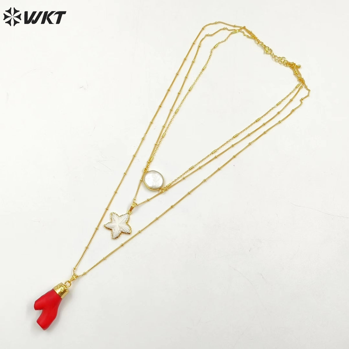 WT-N1325 Noble and Nice Jewelry with Freshwater Pearl Star Shape Shell Red Coral Pendants so Fashion Natural Stone Necklace