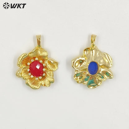 WT-P2049 Amazing Gold Plated Zircon And Multi Colors Natural Gemstones Flower Shape Pendants For Necklace Making Findings