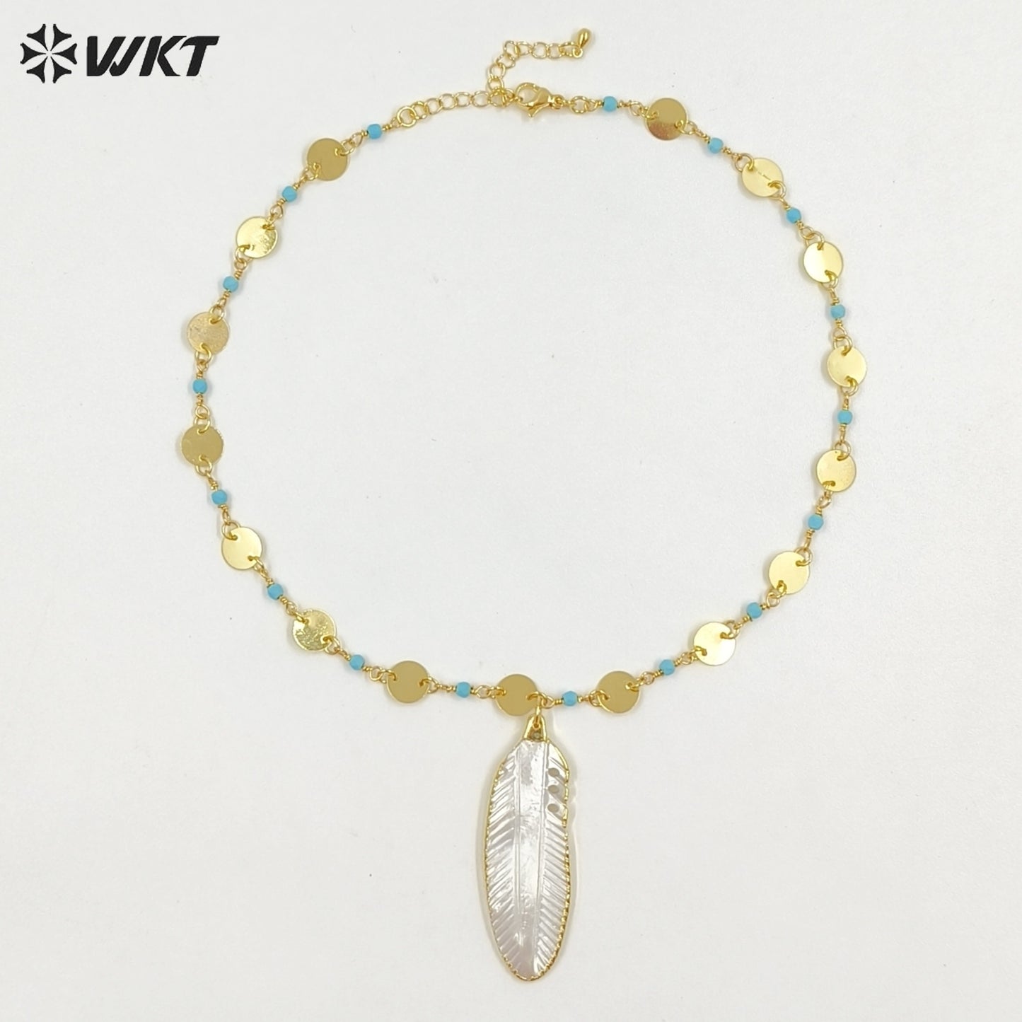 WT-JN400 Fashion Elegant Style Gold Plated Little Stone Chain With Natural Shell Feather Pendant Necklace For Lady Matching