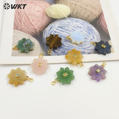 WT-P2095 Romantic Colorful Natural Gemstones And Zircon Snowflake Shape Charm Pendants As Lady Handmade Earrings Findings