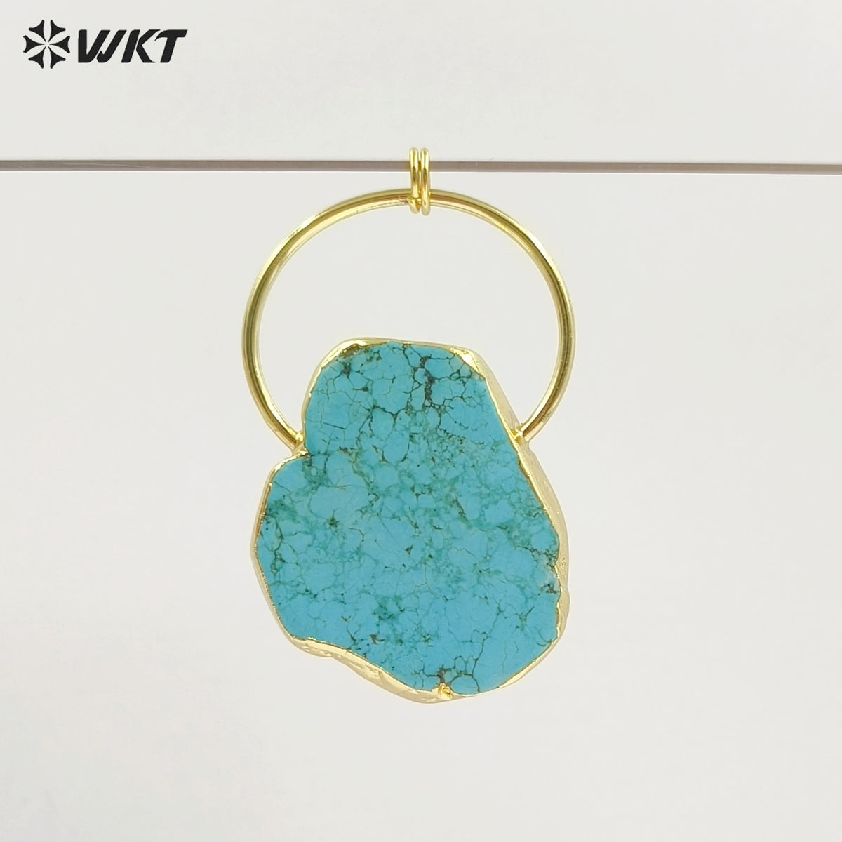 WT-P1372 Vintage Design Sky Blue Natural Stone With Half Circle and Double Tiny Loops Gold Trim Pendant for Jewelry Making
