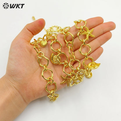 WT-JFN45 Summer Popular Yellow Brass 18K Gold Plated Big Circle Chain With Multi Little Charms Necklace For Cool Girls Jewelry