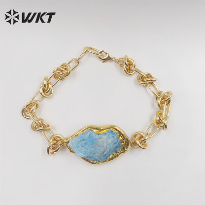 WT-B614 WKT Handmade New Knotted Shape Metal Chain Bracelets 18k Real Gold Plated Resist Tarnishable Natural Raw Stone Bracelets