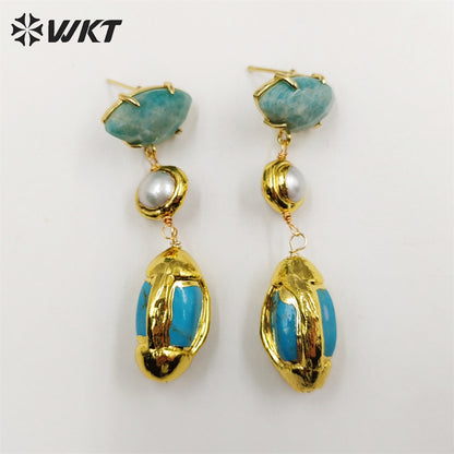 WT-E710 Wholesale Newest Fashion Gold Triple Stone Combined Earrings Women Wire Wrapped Handmade Gemstone Quartz Earrings