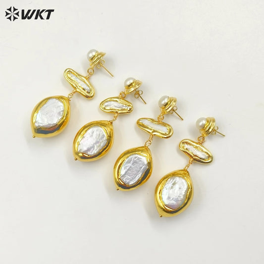WT-MPE125 Wholesale Fashion 18k Gold Plated Resist Tarnishable Natural Freshwater Pearl Long Drop Dangle Earrings
