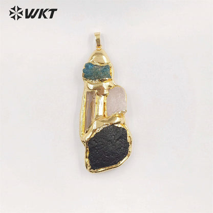 WT-P1905 Amazing Triple Gemstone Mixture Jewelry Pendants Genuine Energy Black Meteorite Rose Quartz Raw Stone Pendants