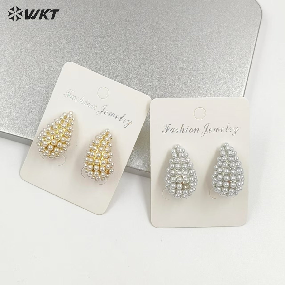 WT-ME129 Hot Sales Elegant Design Gold And Silver Plated Brass With Artificial Pearl Teardrop Shape Earrings For Wedding Gift