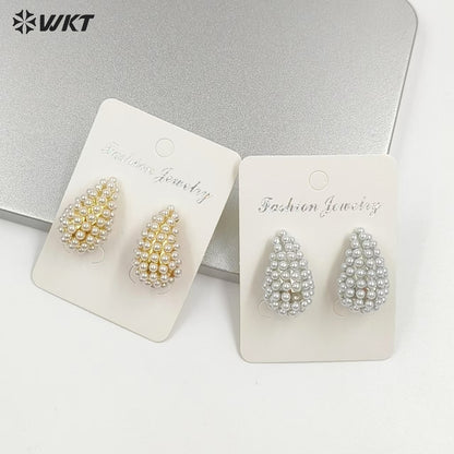 WT-ME129 Hot Sales Elegant Design Gold And Silver Plated Brass With Artificial Pearl Teardrop Shape Earrings For Wedding Gift