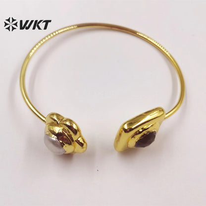 WT-MPB053 Delicate Round Pearl Druzy Quartz Stone Combination Bangles 18k Gold Plated Adjustable Bangles Natural Quartz Bangles