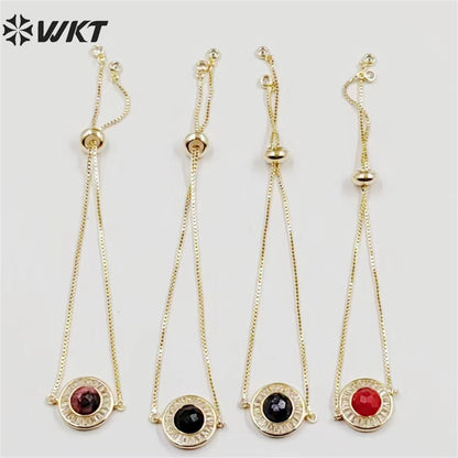 WT-B624 WKT Elegant Charming Round Micropaved Cubic Zircon Gold Bezel Stone Bracelet Adjustable Gold Double Connector Bracelet