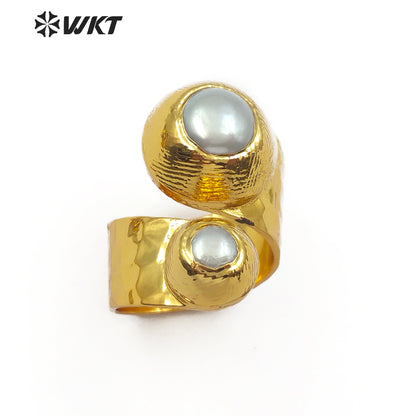 WT-R329 Fashion Design Women Adjustable Gold Jewelry Gemstone and Natural Freshwater Pearl Jade in Round Shape Ring