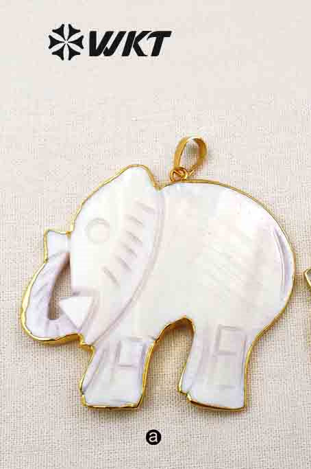 WT-P1345 Adorable Newest Shell Carved Elephant Pendant Unisex Handcarved Gold Trim Shell Elephant Pendant Natual Shell Pendant