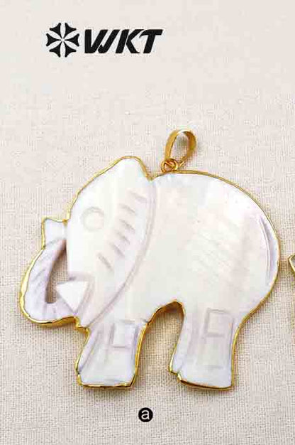 WT-P1345 Adorable Newest Shell Carved Elephant Pendant Unisex Handcarved Gold Trim Shell Elephant Pendant Natual Shell Pendant