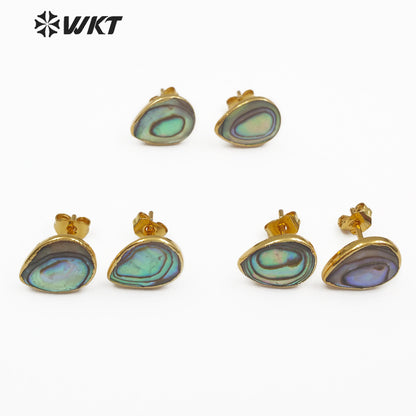 WT-E486 Natural Sea Shell Jewelry Women Elegant Stud Earring Gold Framed Shell Earring TearDrop Shape Abalone Shell Earring