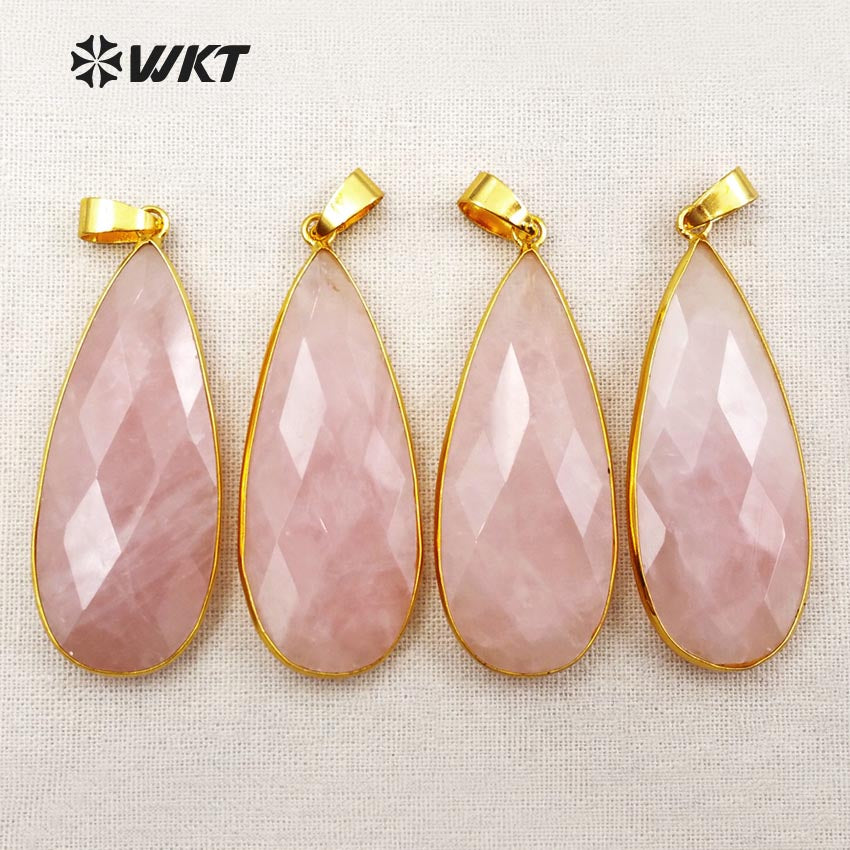 WT-P1348 Amazing Gold Bezel Faceted Natural Rose Quartz Teardrop Pendant, Women Hand Cabochon Faceted pink Teardrop Pendants