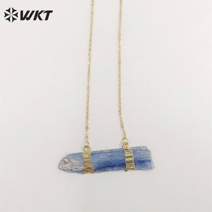 WT-N482 Wholesale Raw Blue Kyanite Double Loops Necklace With 18" Long Chain Natural Raw Blue Stone Kyanite Necklace