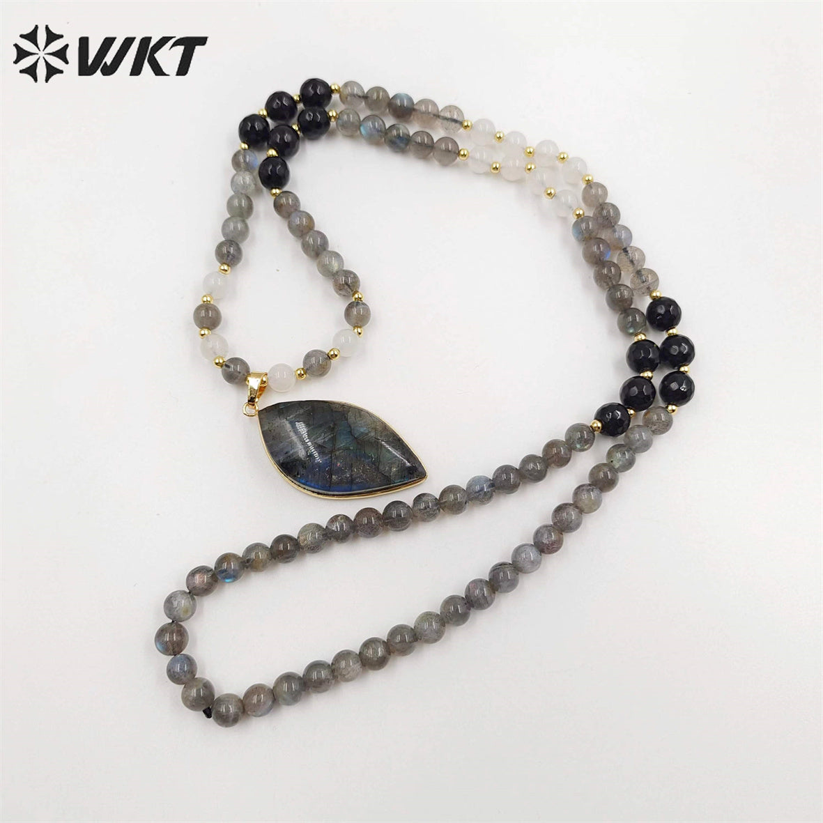 WT-N1417 New Handmade Long 6mm Round Beads Labradorite Pendant Necklace Women Trendy Shirt Chain Casual Boho Chain