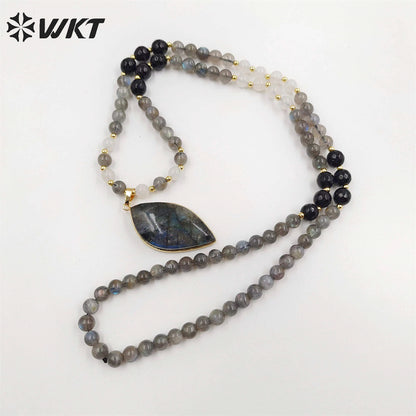 WT-N1417 New Handmade Long 6mm Round Beads Labradorite Pendant Necklace Women Trendy Shirt Chain Casual Boho Chain