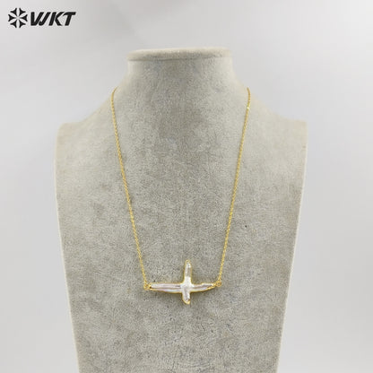 WT-N659 Wholesale Vintage Natural Freshwater Pearl Necklace, Fashion Gold Plated Double Loops Pearl Cross Necklace