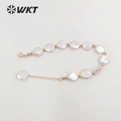 WT-MPB091 WKT New Design Delicate Round Coin Freshwater Pearl Bracelet 7Inch Long High Quality Pearl Beads Jewelry Bracelet