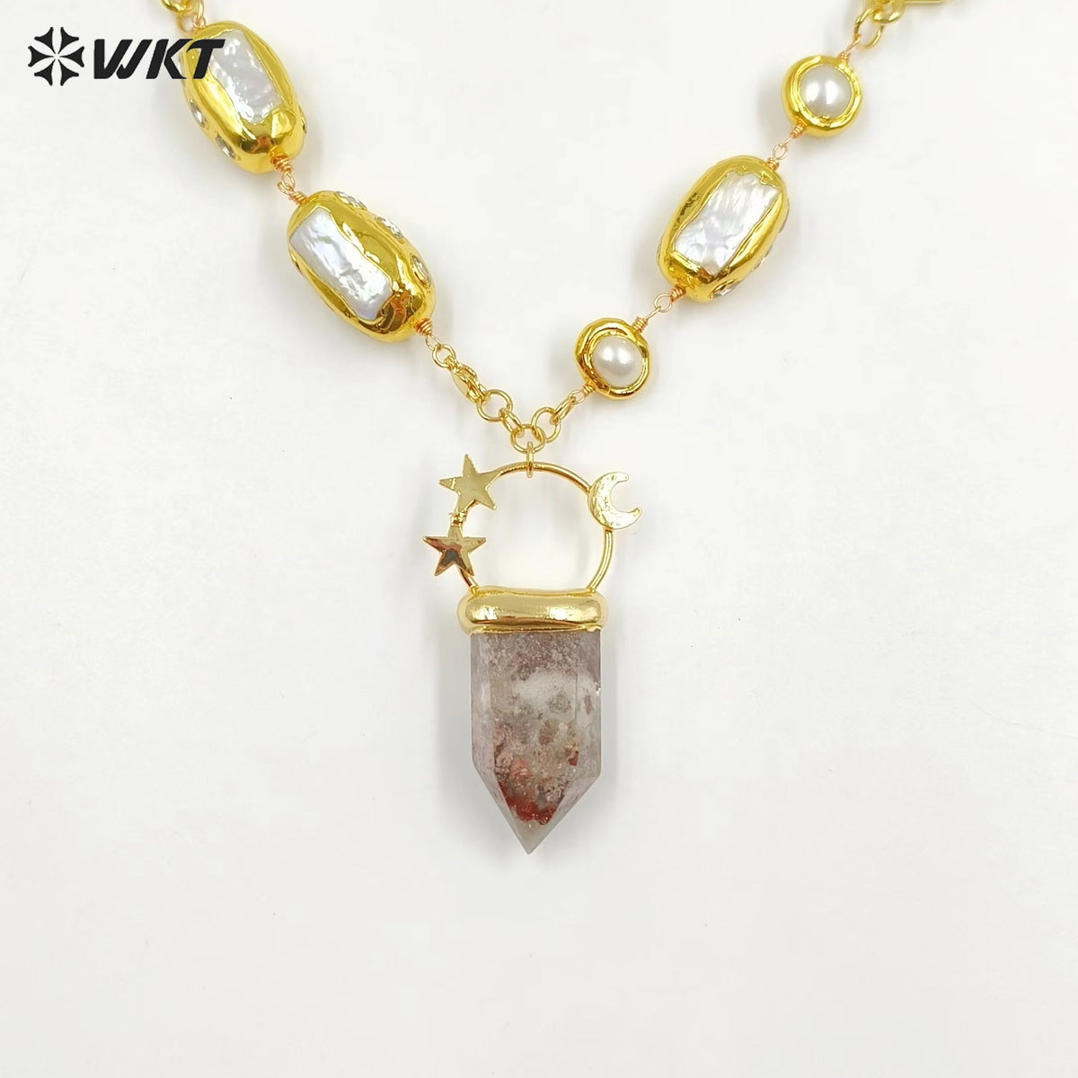 WT-JN255 Amazing WKT Unique Healing Energy Healing Quartz Stone With Real Pearl Beads Precious Pendant Necklace in 19 Inch Long