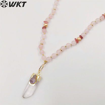 WT-N1411 WKT New Design Women Long Energy Pink Crystal Quartz Point Pendant Necklace Lucky Elegance Shirt Chain Necklace