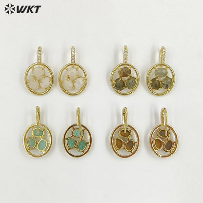 WT-E795 Delicate 18K Gold Plated Three Natural Gemstones With Zircon Hollow Round Earrings For Friend Birthday Gift Jewelry