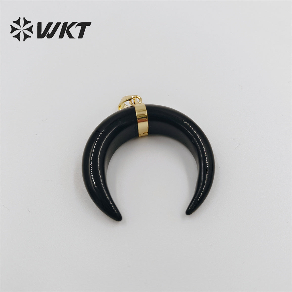 WT-P949 Newest Natural Black Obsidian Crescent Horn Moon Pendant Single Loop Gold Bezel Horn Stone Pendant