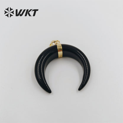 WT-P949 Newest Natural Black Obsidian Crescent Horn Moon Pendant Single Loop Gold Bezel Horn Stone Pendant
