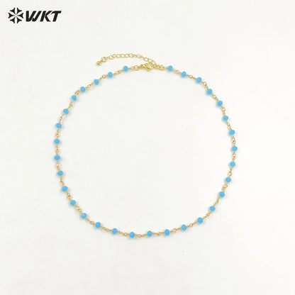 WT-BFN042 Wholesale 3mm Faceted Natural Gemstone Beads Necklace 16inch Long Resist Tarnishable Chain Necklace in 18k Gold Plated