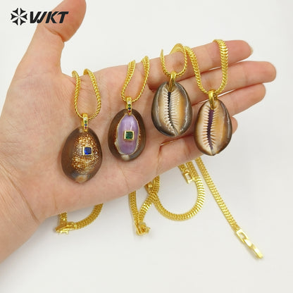 WT-JN386 Newest Minimalism Gold Electroplated Chain With Snow Mountain Cowrie Shell Pendant Necklace For Girl Summer Wearing