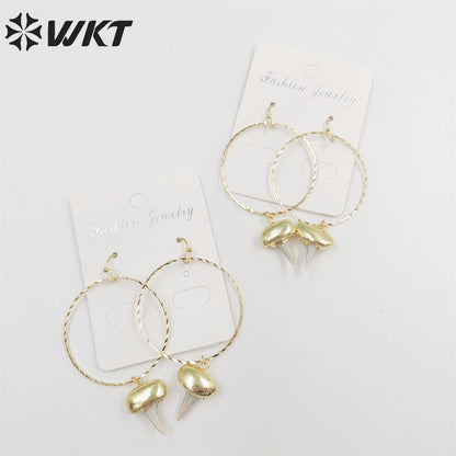 WKT-E676 Fashion Gold Plated Specimen Teeth Earrings Women Unique Big Hoop Dangle Shark Tooth Earrings