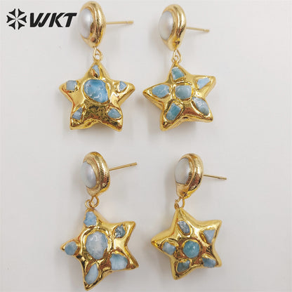 WKT-E674 Amazing Fashion Gold Plated Natural Blue Ocean jasper Stone Earrings Women Charming Dangle Star Pearl Earrings