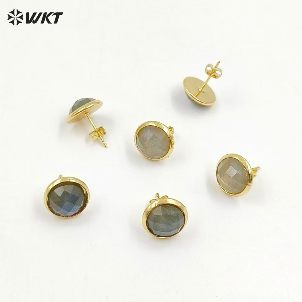 WT-E188 Wholesale Natural Round Labradorite Studs, Fashion 18k Gold Plated Bezel Stone Labradorite Studs Earrings for Women