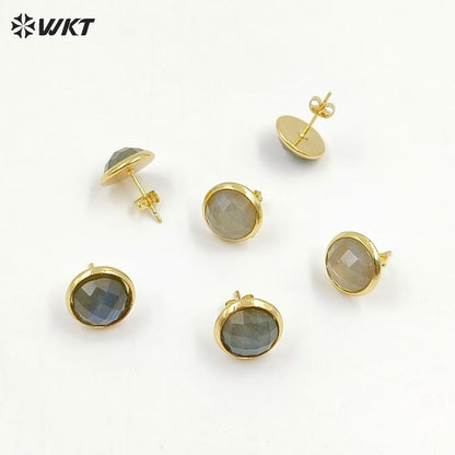 WT-E188 Wholesale Natural Round Labradorite Studs, Fashion 18k Gold Plated Bezel Stone Labradorite Studs Earrings for Women