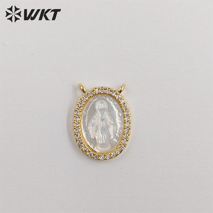 WT-JP329 Newest Lovely Micropaved Cubic Zircon Shell Miraculous Medal Pendant MOP Double Loops Religious Guadalupe Pendant