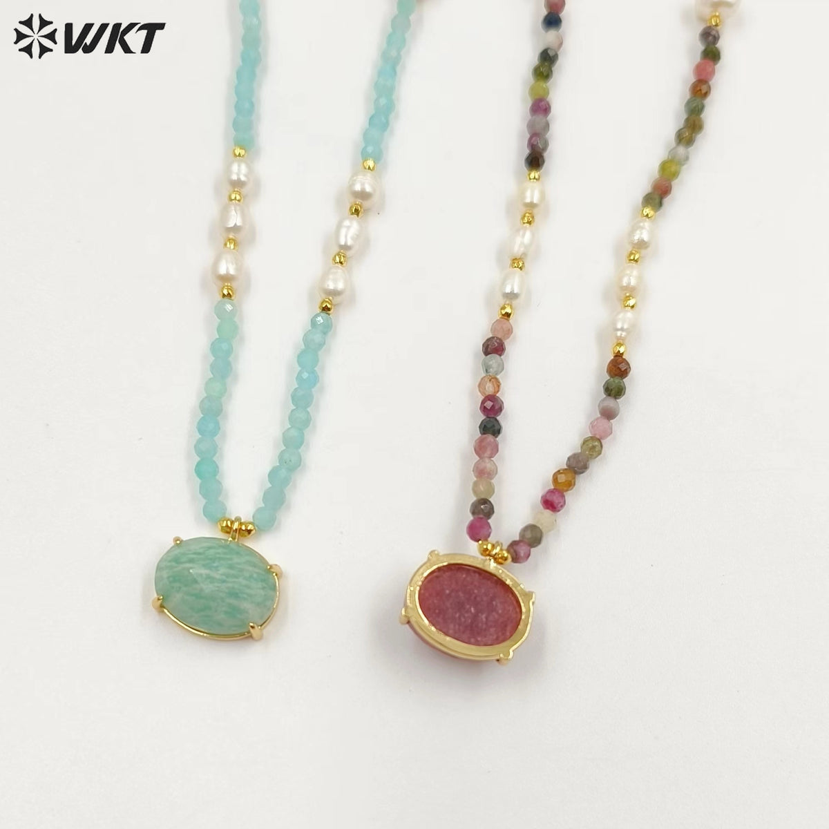 WT-N1445 WKT Best 2023 Newest Natural Gemstone and Pearl Women Simple Hoop Aura 16+2inch Stone Beads Necklace