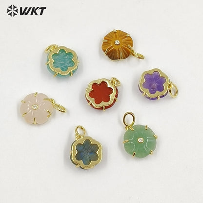 WT-P2121 Delicate Gold Plated Zircon And Natural Gemstones Carved Flower Shape Little Pendants For Girls Fashion Necklace Design