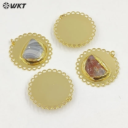 WT-P2082 Newest Design Gold Electroplated Metal And Natural Mexico Agate Stone Pendants For Handmade Necklace DIY Findings