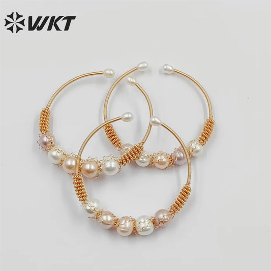 WT-MPB078 WKT 2022 Noble Heart Shape Shell Yellow Brass Bracelet Women Wedding Gift New Style Pearl Bracelet by Wire Wrapped