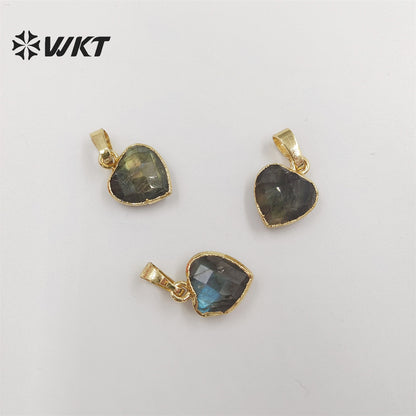 WT-P1832 Fashion Charming Tiny Natural Flash Brightly Heart Labradorite Pendants Gold Trim Lovely Stone Pendants for Gift