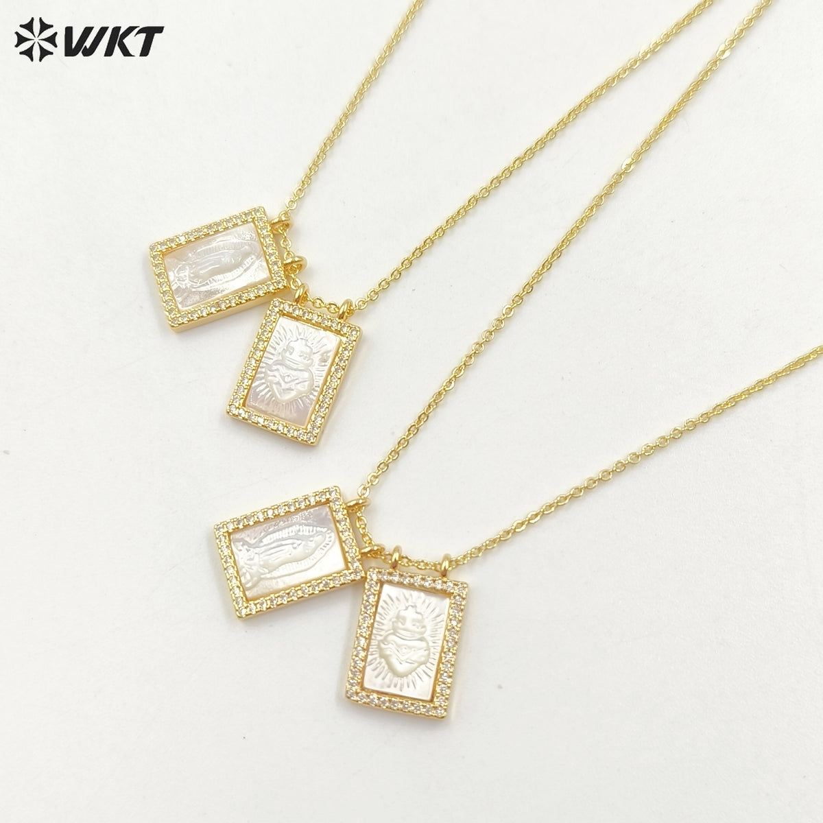 WT-JN220 Super Hot Fashion Double Charms Micropaved CZ Setting Mother of Pearl Shell Necklace 18k Gold Religion Maria Necklace