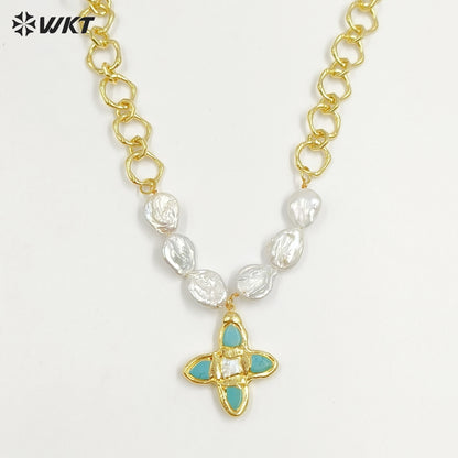 WT-JN324 Amazing Popular Christian High Precious Freshwater Pearl and Cross Turquoise Pendant Necklace with Chunky Chain