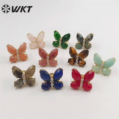 WT-R463 Wholesale Newest Handmade Design Ins Popular Stone Ring Natural Rose Quartz butterfly Ring for Girl Daily Party Ring