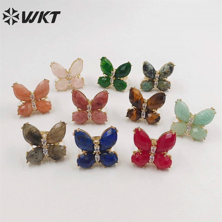 WT-R463 Wholesale Newest Handmade Design Ins Popular Stone Ring Natural Rose Quartz butterfly Ring for Girl Daily Party Ring