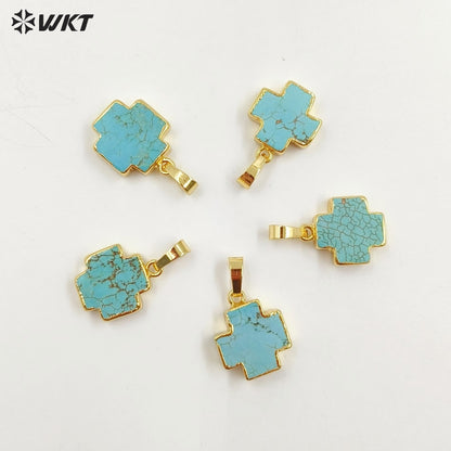 WT-P952 Vintage 18K Real Gold Plated Natural Turquoise Made Cross Pendant Bohemian Green Stone Jewelry Charms for Necklace
