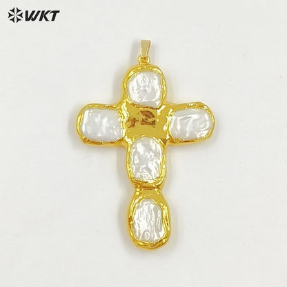 WT-JP420 New Sales Square Natural Freshwater Pearls Back Full Gold Plated Cross Shape Pendant For Jewelry DIY Accessories