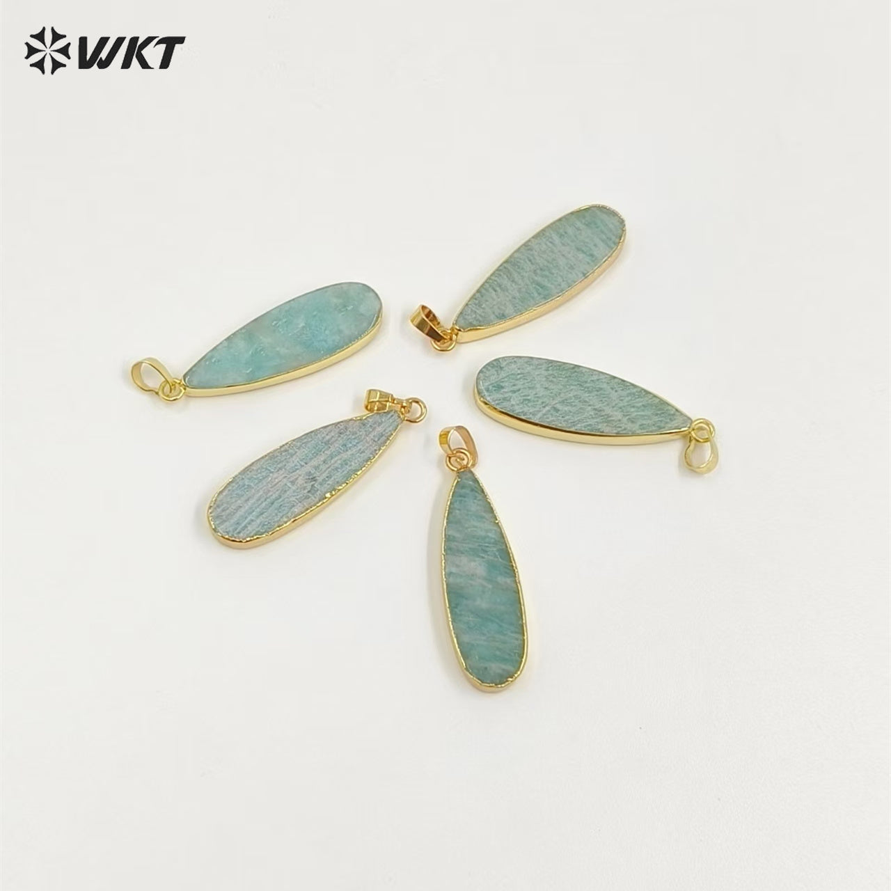 WT-P1889 Wholesale Fashion 18k Real Gold Plated Double Flat Natural Amazonite Pendant Fashion Long Waterdrop Stone Pendants