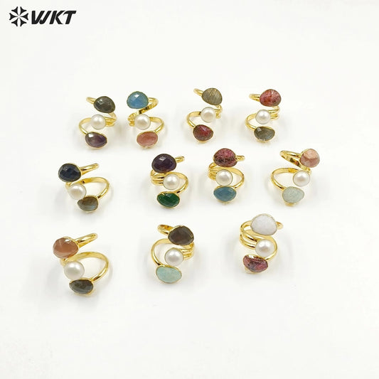 WT-R407 Niche Design Multiple Gemstone Pearl Rings Adjustable Rings Delicate Charming 18k Gold Plated Gifts Natural Stone Rings