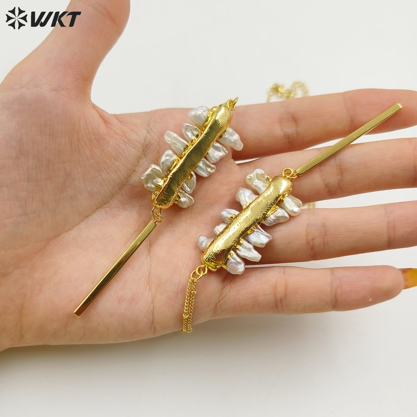WT-N1124 Wholesale Freshwater Pearl Connector Necklace, 18K Real Gold Plated Stick Shape Freshwater Pearl Necklace